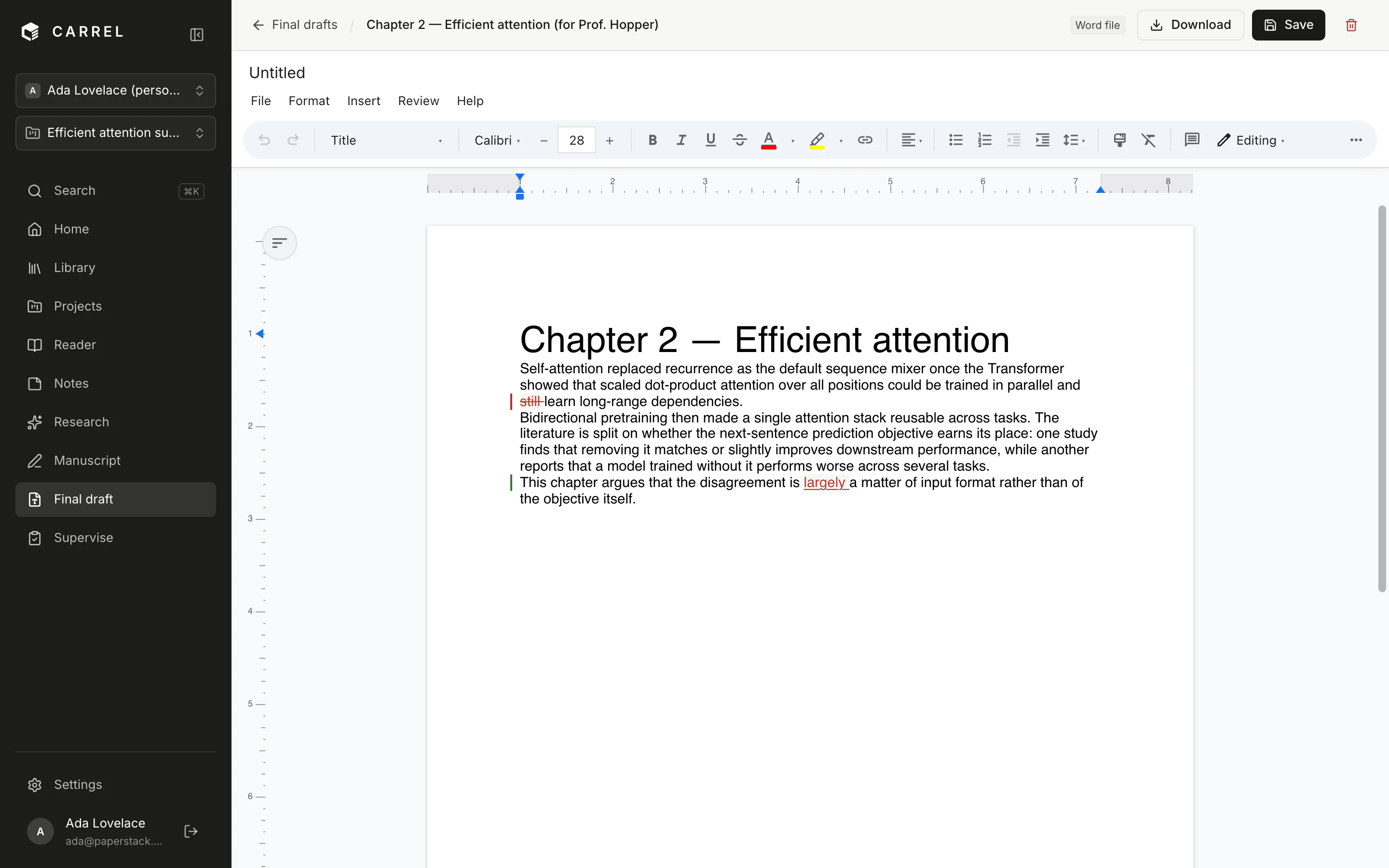 A Word file open in Carrel: the ribbon, the ruler, and tracked changes shown as a struck-through deletion and an underlined insertion