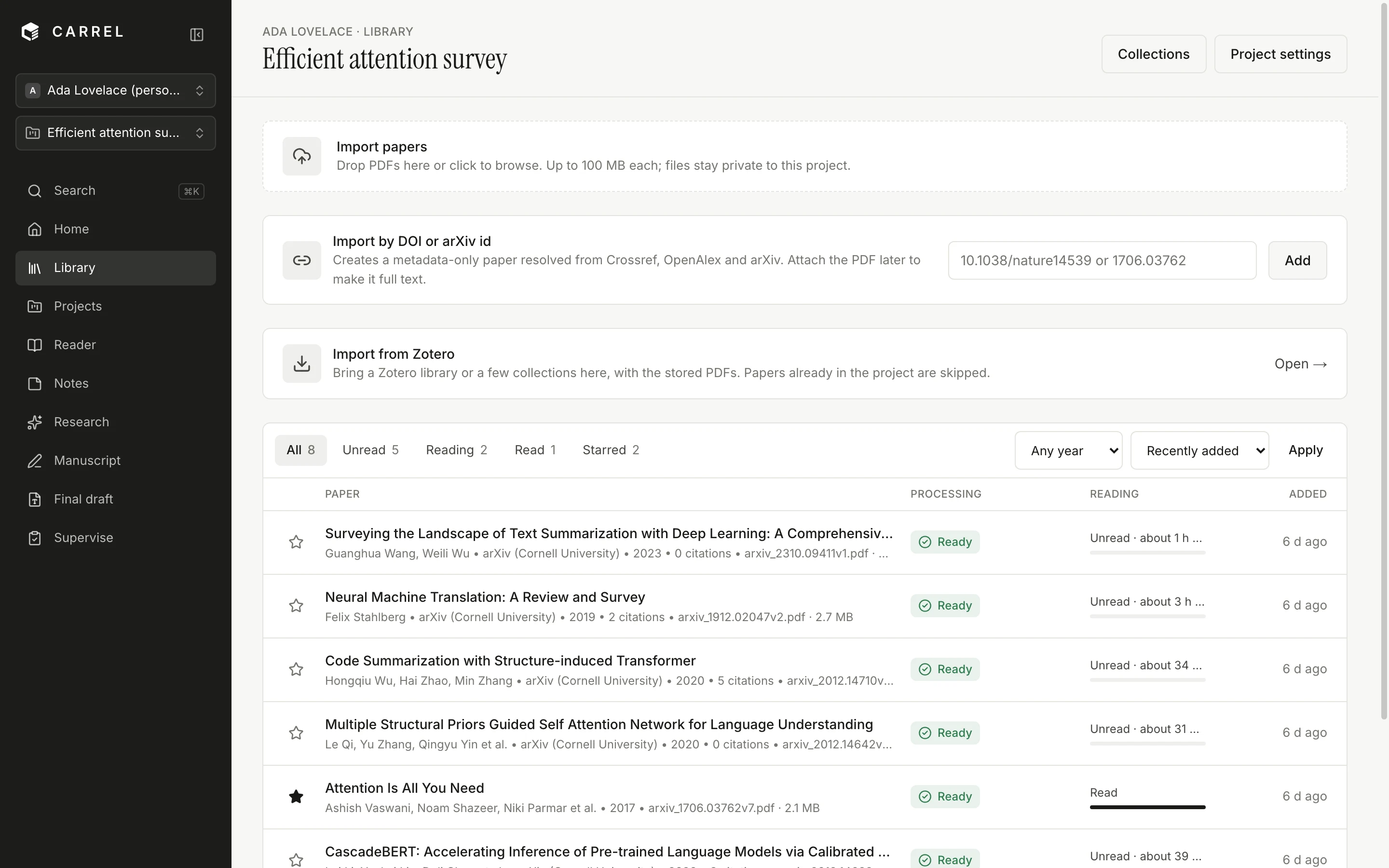 The Carrel library: papers with authors, venue, reading status and time left, above the upload, DOI and Zotero import options