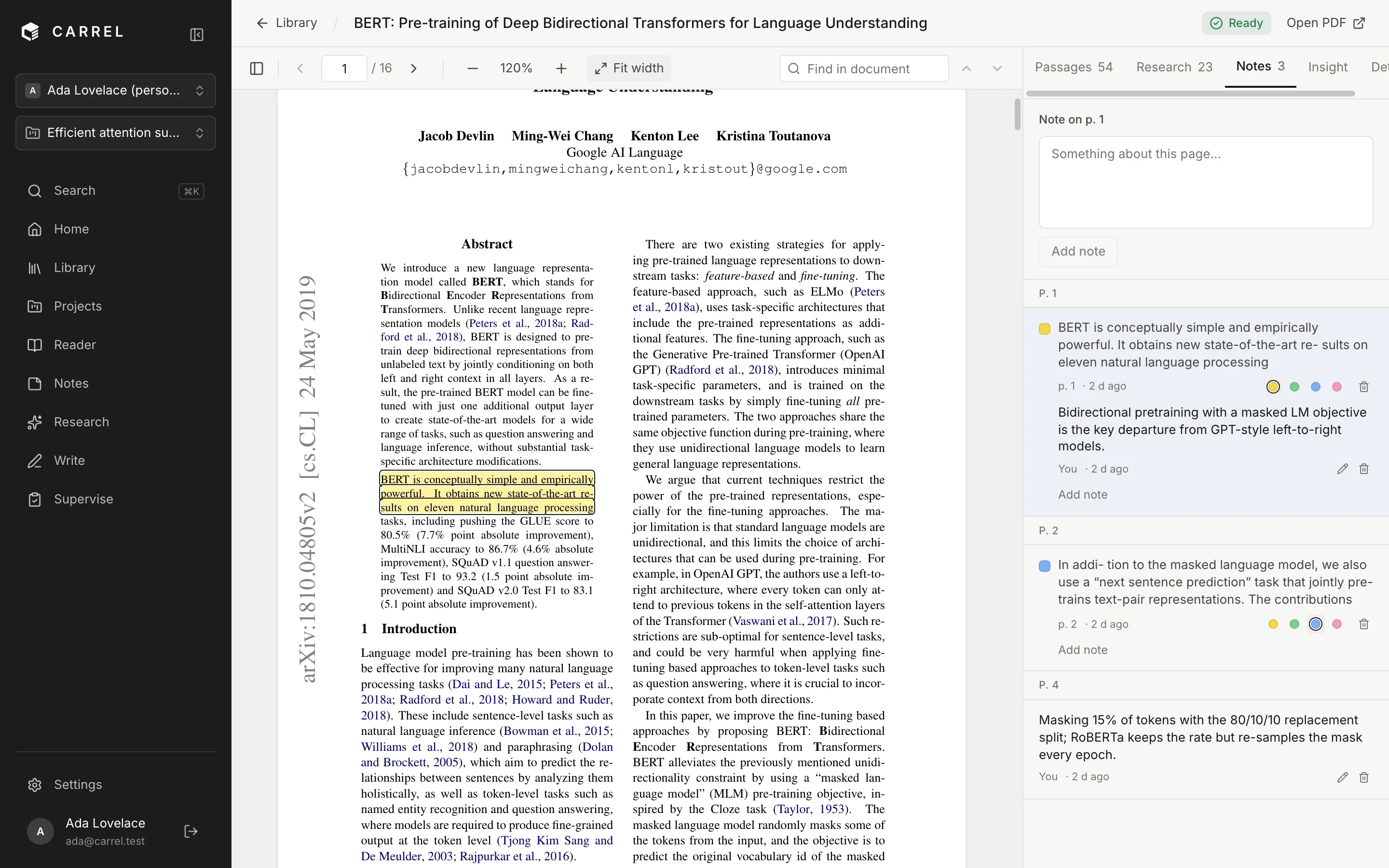 The reader: a paper with coloured highlights, the notes panel beside it, and find in document