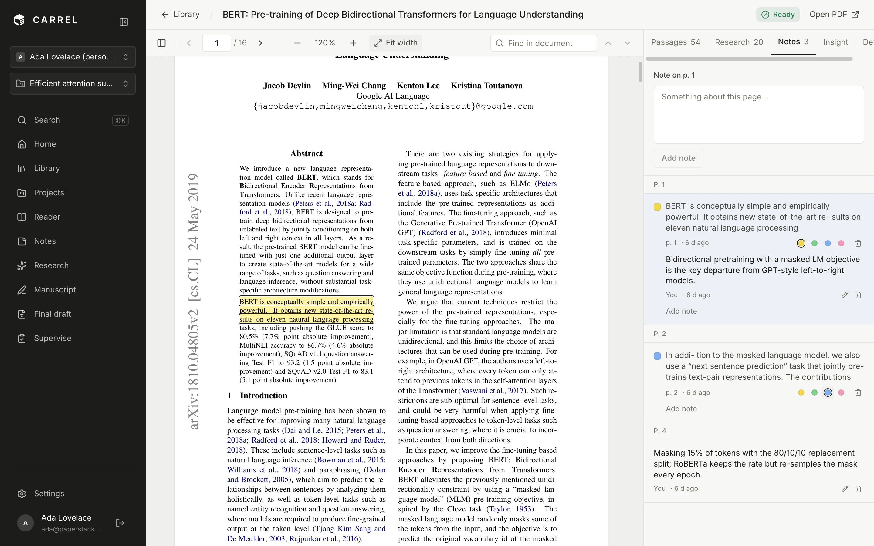 The reader: a paper with coloured highlights, the notes panel beside it, and find in document