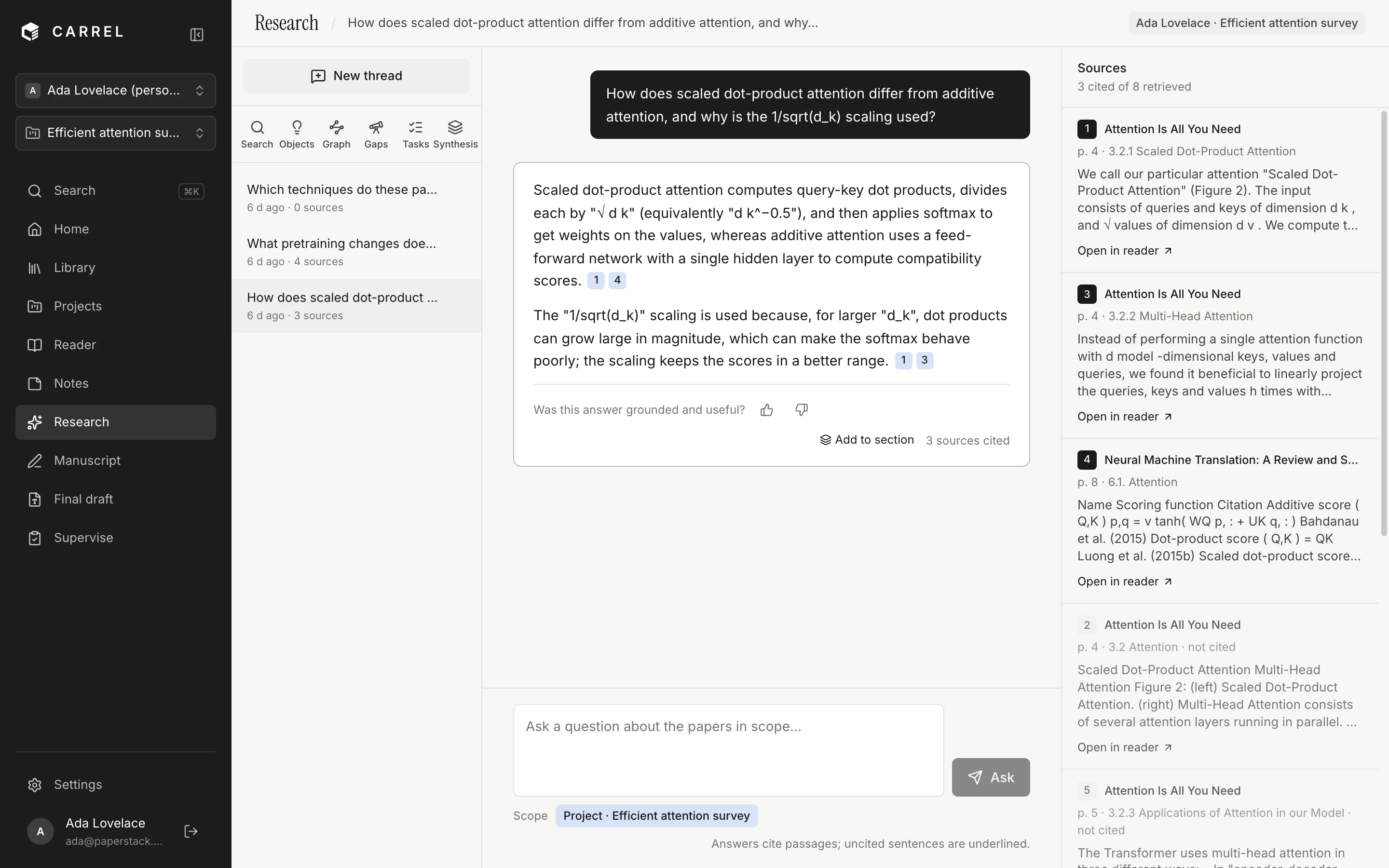 A research thread: a question, a cited answer and the sources panel listing papers and pages