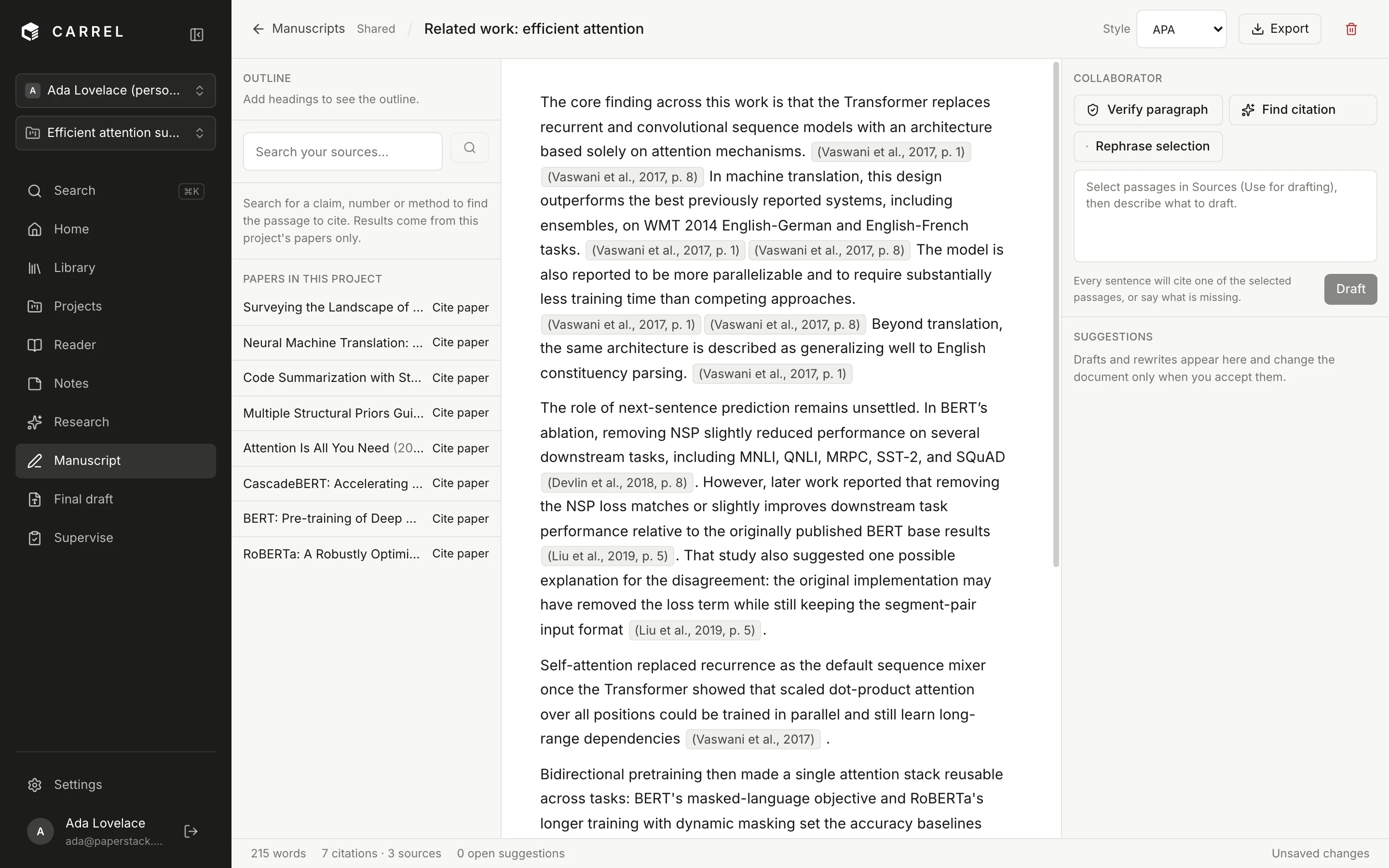 The writing workspace: a document with citation chips, the sources panel and the bibliography